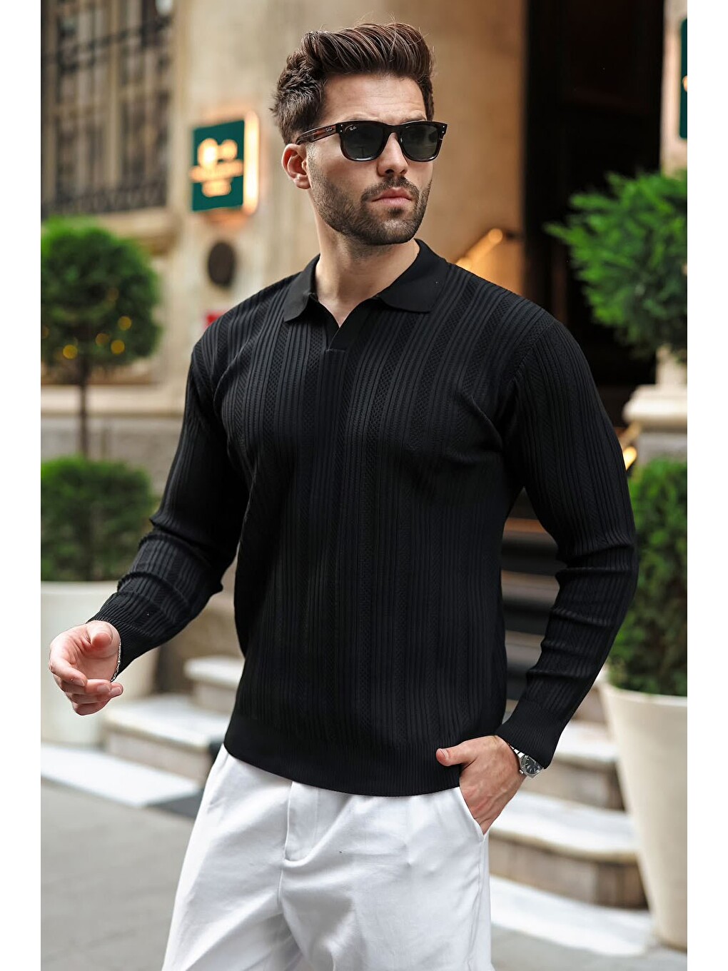 Siyah Polo Yaka Desenli Over Fit Erkek Triko Kazak E7517-4