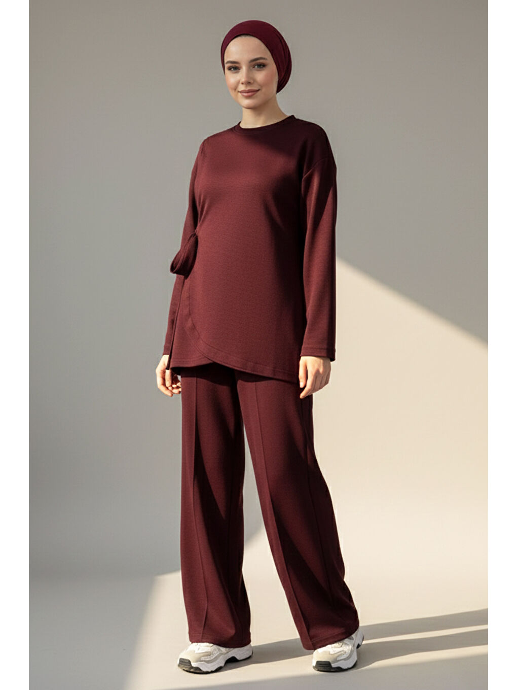 Bağcık Detay Tunik Pantolon Takım 2117 Bordo-4