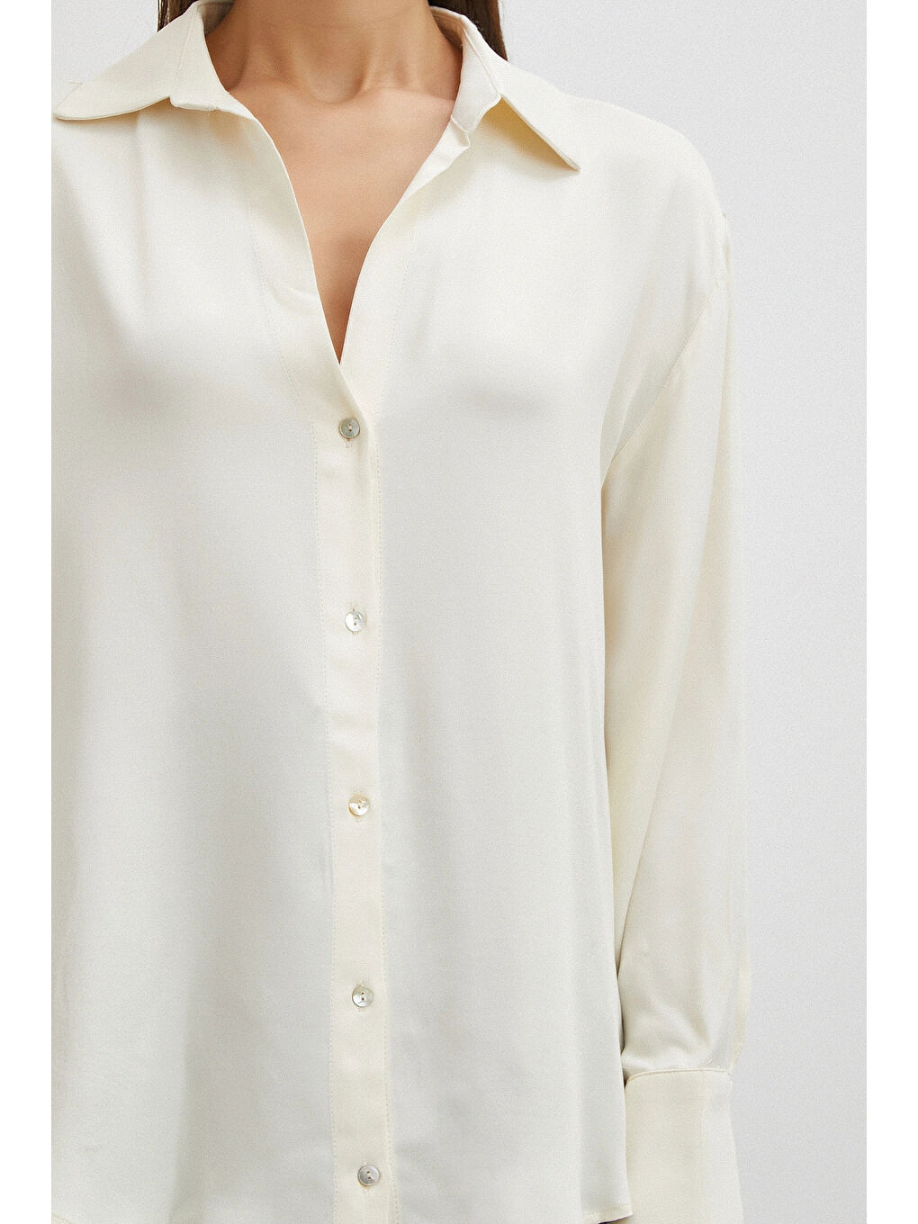 Viskon Saten Gömlek Ekru-4