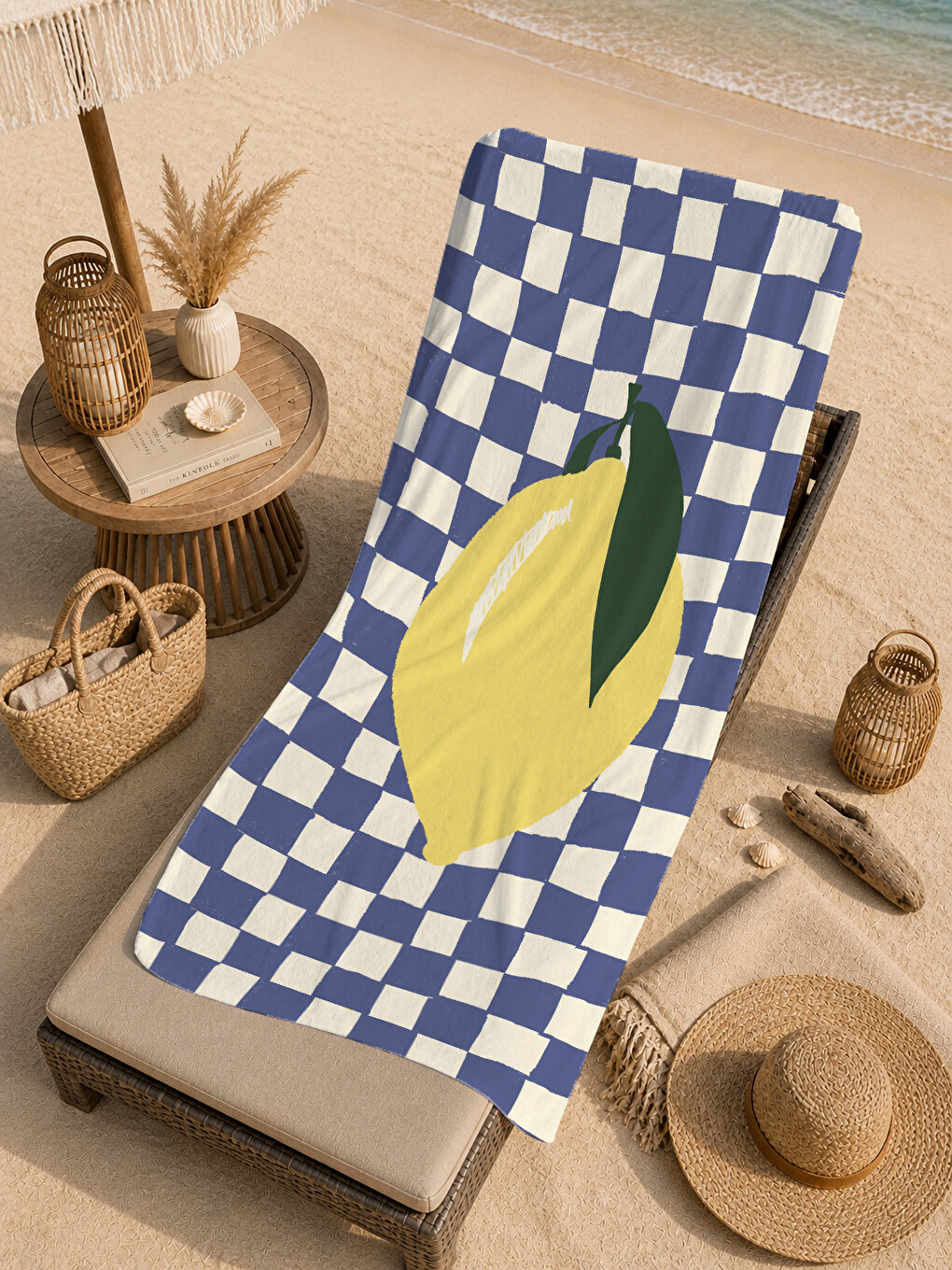 Lacivert Beyaz Dama Büyük Limon Desenli 70x150 Cm Dijital Baskılı Plaj Ve Banyo Havlusu-4