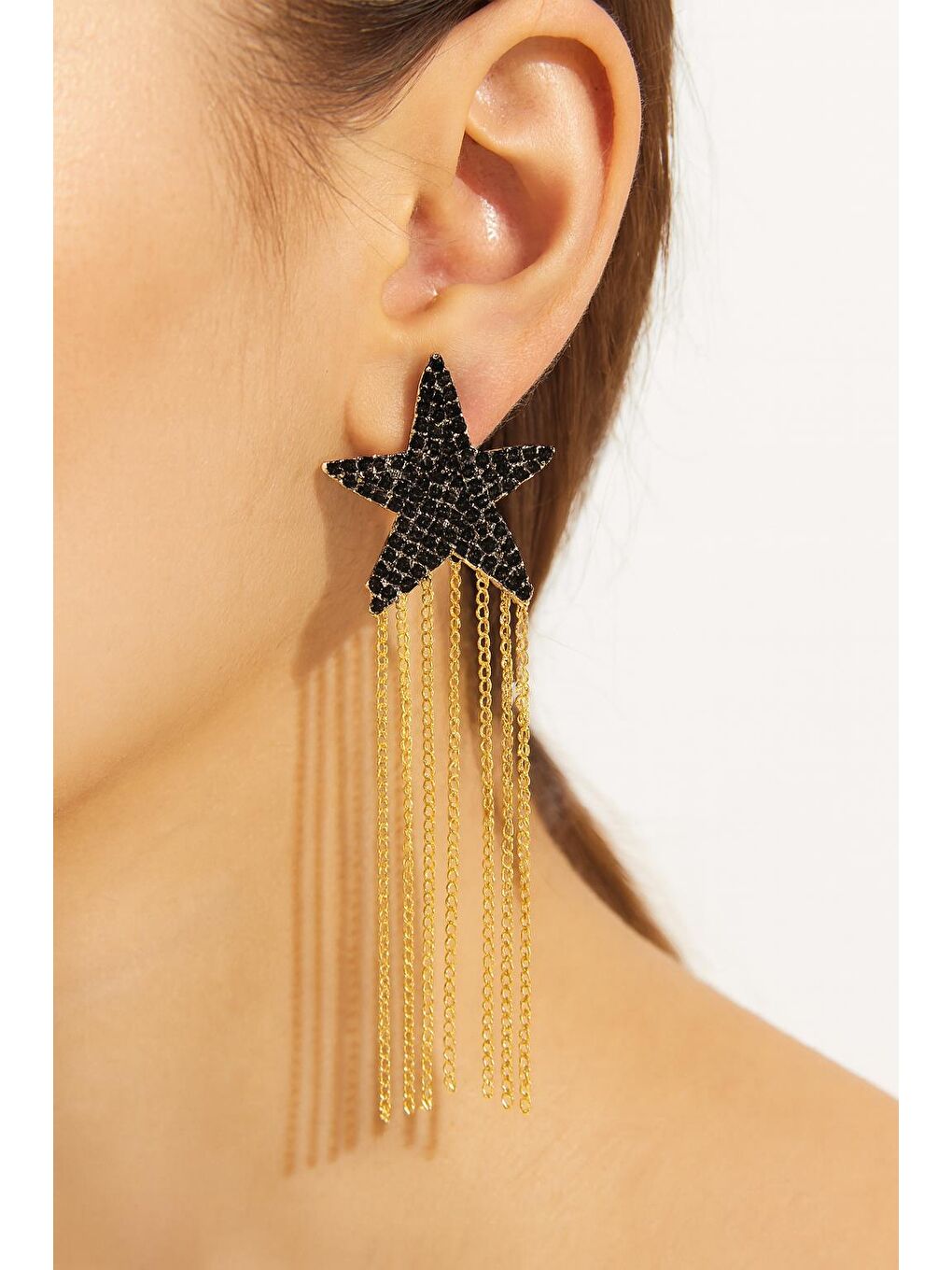 Sarı Taşlı Sallanan Yıldız Küpe Siyah-1