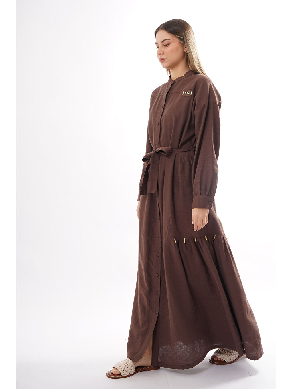 Hakim Yaka Keten Uzun Elbise 703 Kahverengi