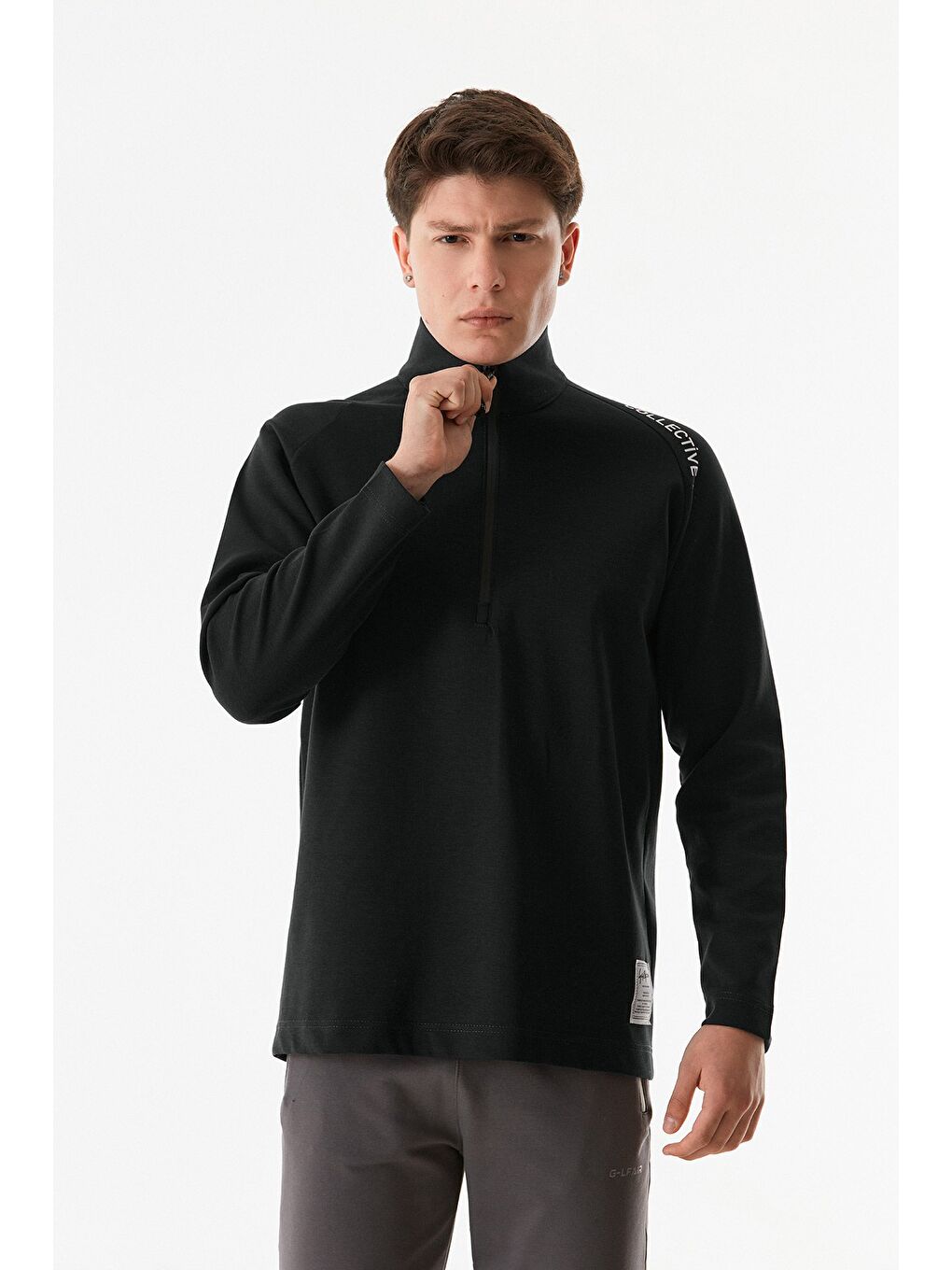 Fullamoda Siyah Basic Yarım Fermuarlı Dik Yaka Sweatshirt