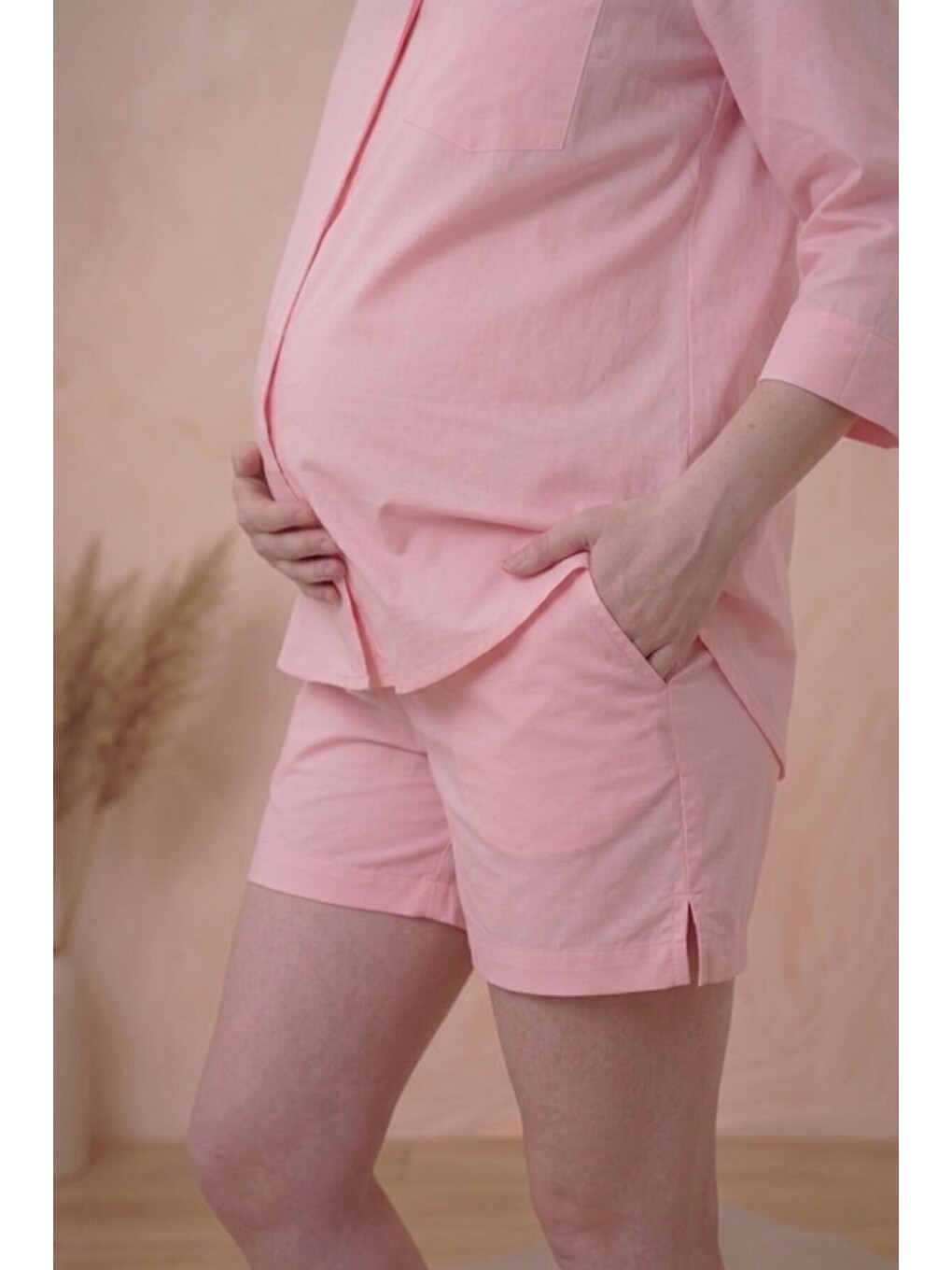 Pembe Manhattan Premium %100 Pamuk Poplin Hamile ve Lohusa Yüksek Bel Bermuda Şort-1