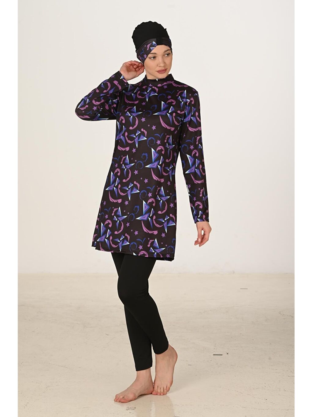 Siyah Tam Kapalı Elastanlı Tesettür Mayo 3410-1