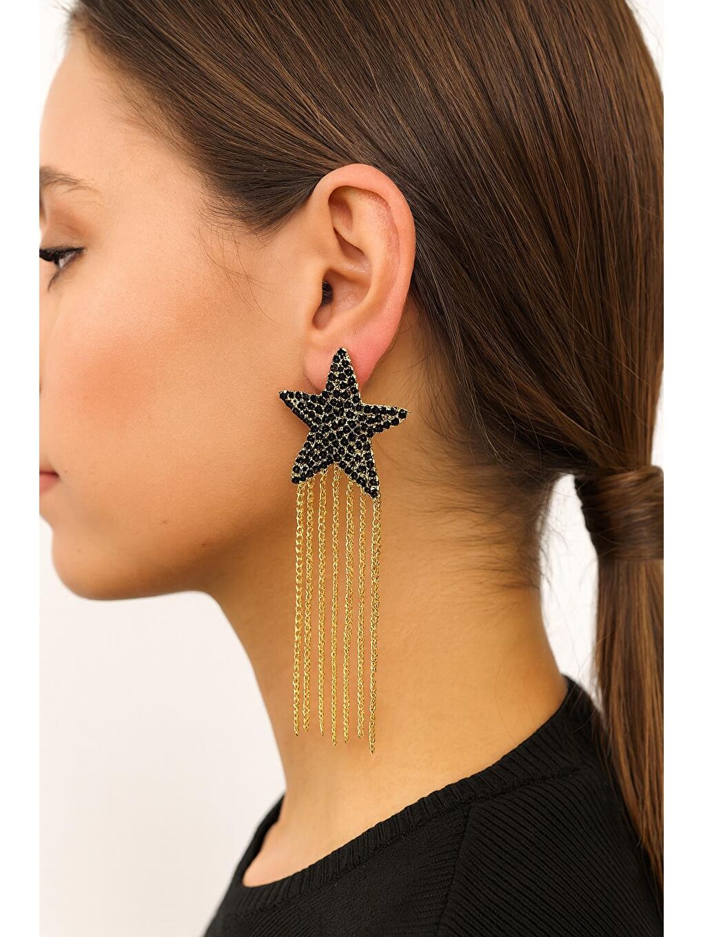 Sarı Taşlı Sallanan Yıldız Küpe Siyah-2