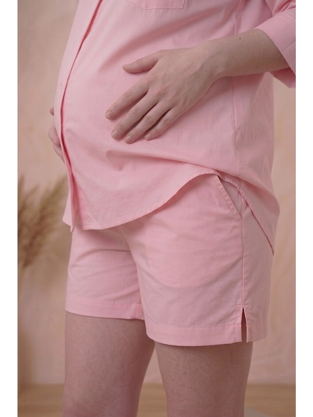 Pembe Manhattan Premium %100 Pamuk Poplin Hamile ve Lohusa Yüksek Bel Bermuda Şort-3