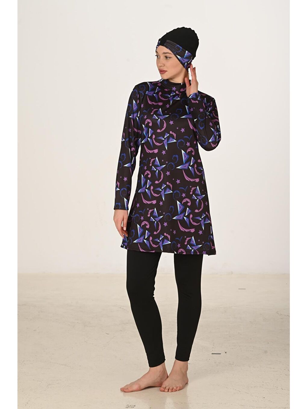 Siyah Tam Kapalı Elastanlı Tesettür Mayo 3410-3