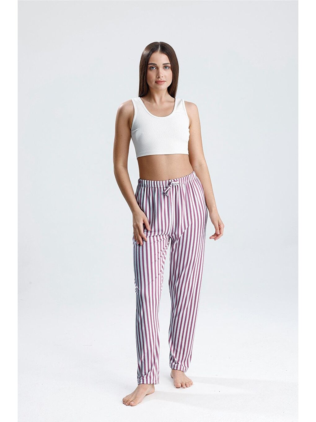 Kadın Dikey Çizgili Uzun Pijama Pantolon | Mor