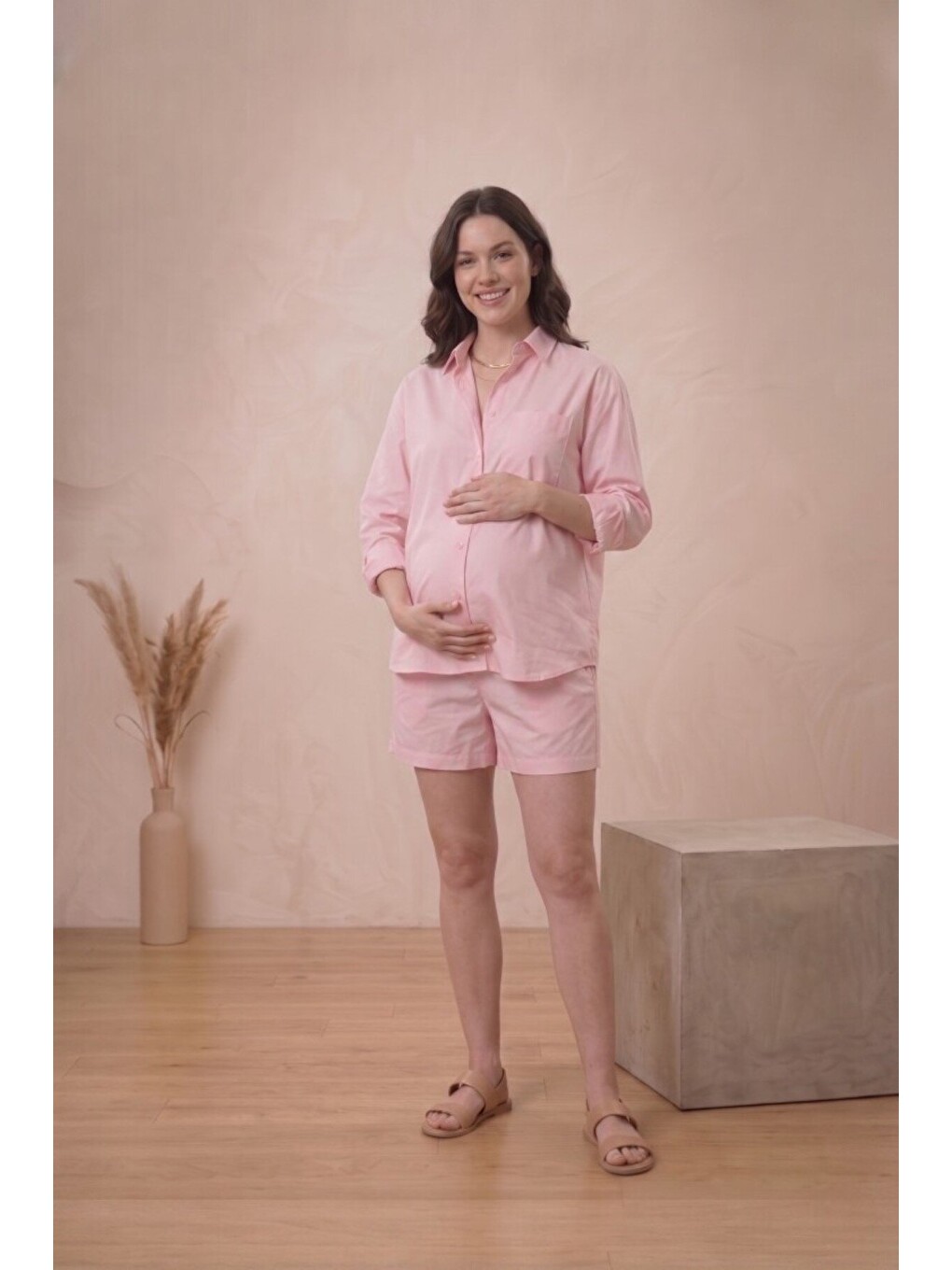 Pembe Manhattan Premium %100 Pamuk Poplin Hamile ve Lohusa Yüksek Bel Bermuda Şort-4