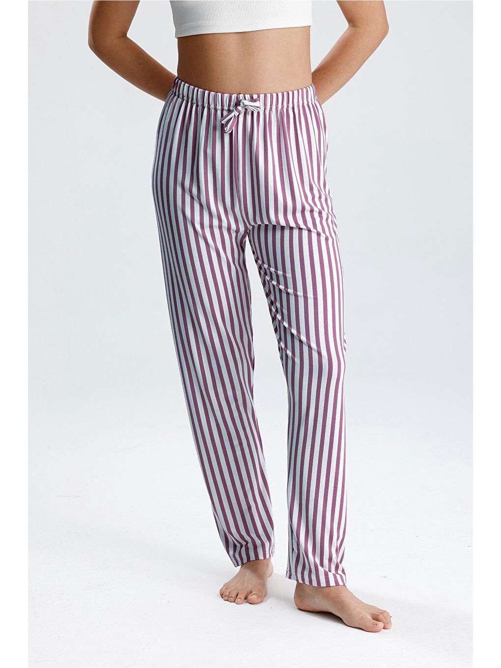 Kadın Dikey Çizgili Uzun Pijama Pantolon | Mor-1