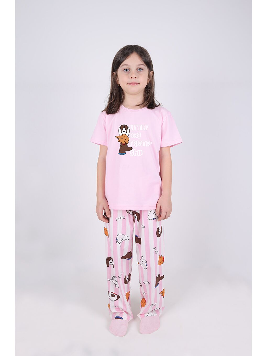 Pembe Kız Çocuk Pamuklu Kalpli Desenli Pijama Takımı