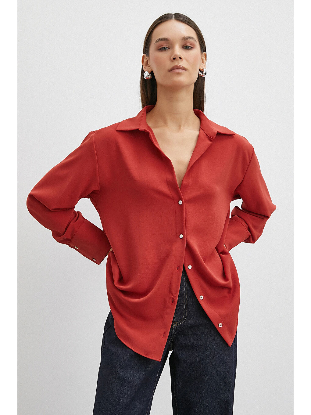 Kahverengi Basic Polyester Gömlek Kiremit-2