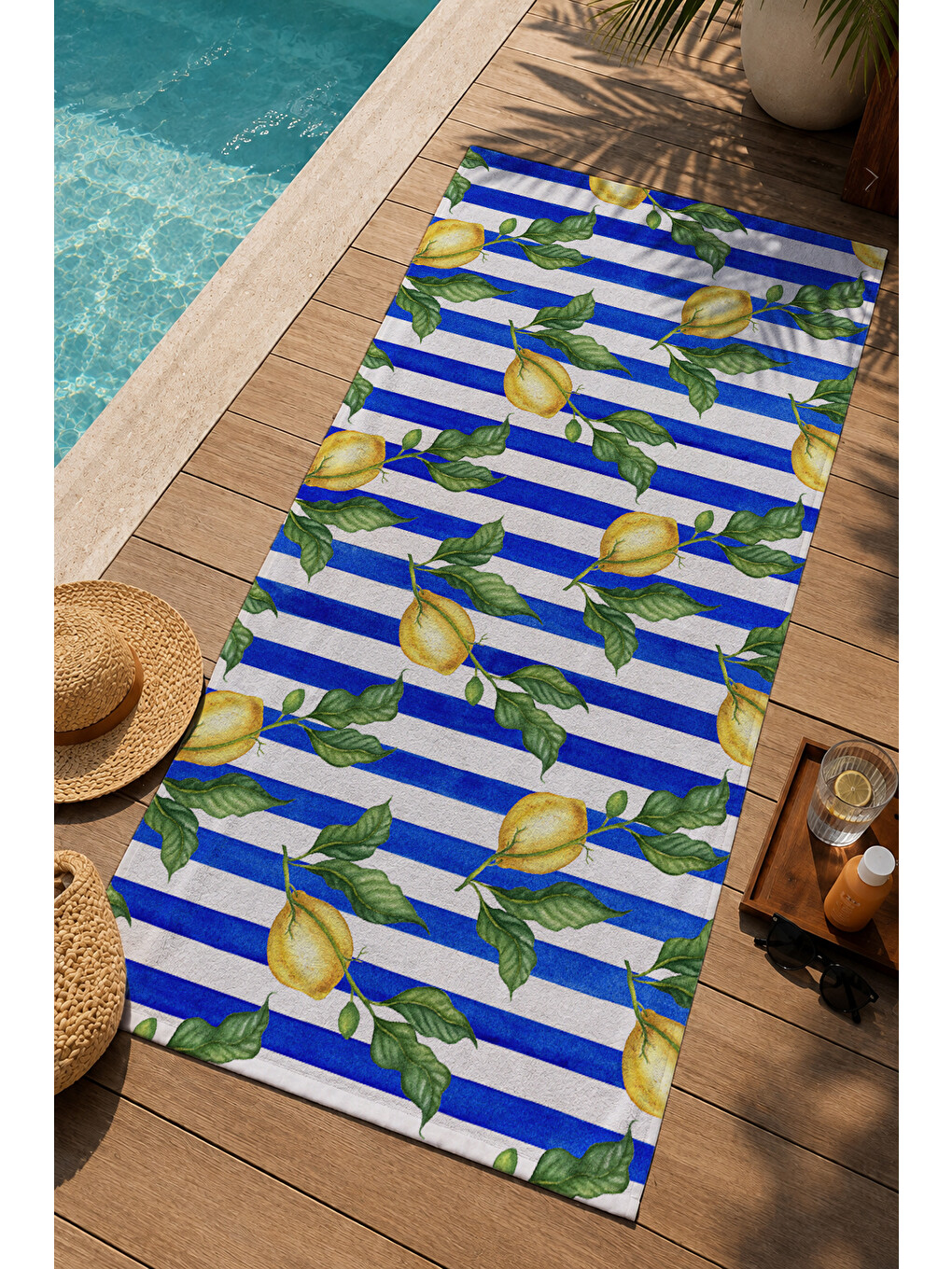 Lacivert Beyaz Çizgili Limon Dalı Desenli 70x150 Cm Dijital Baskılı Plaj Ve Banyo Havlusu-2