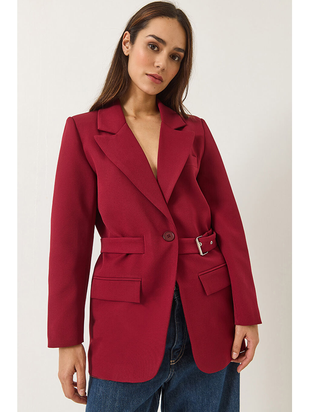 Bordo Kadın Kemer Detaylı Astarlı Blazer Ceket