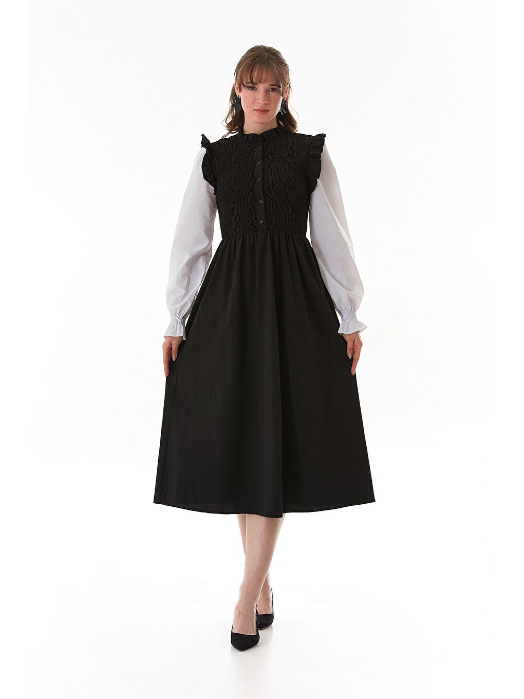 Siyah Fullamodest Gipeli Kolları Lastikli Elbise