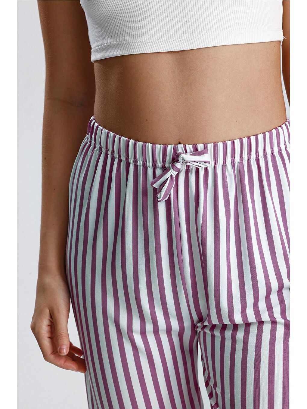 Kadın Dikey Çizgili Uzun Pijama Pantolon | Mor-2