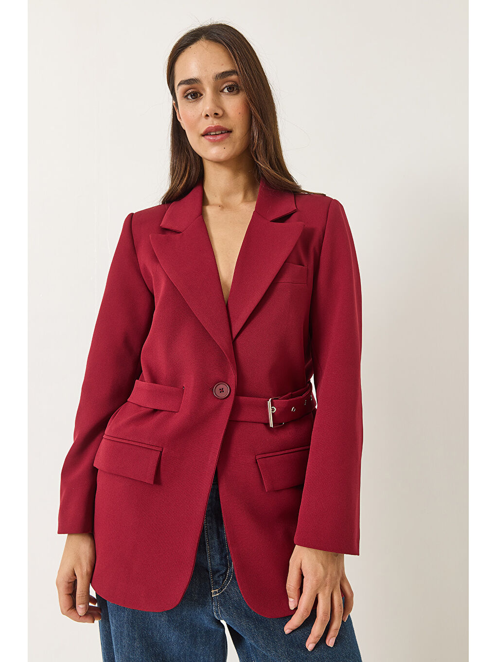 Bordo Kadın Kemer Detaylı Astarlı Blazer Ceket-1