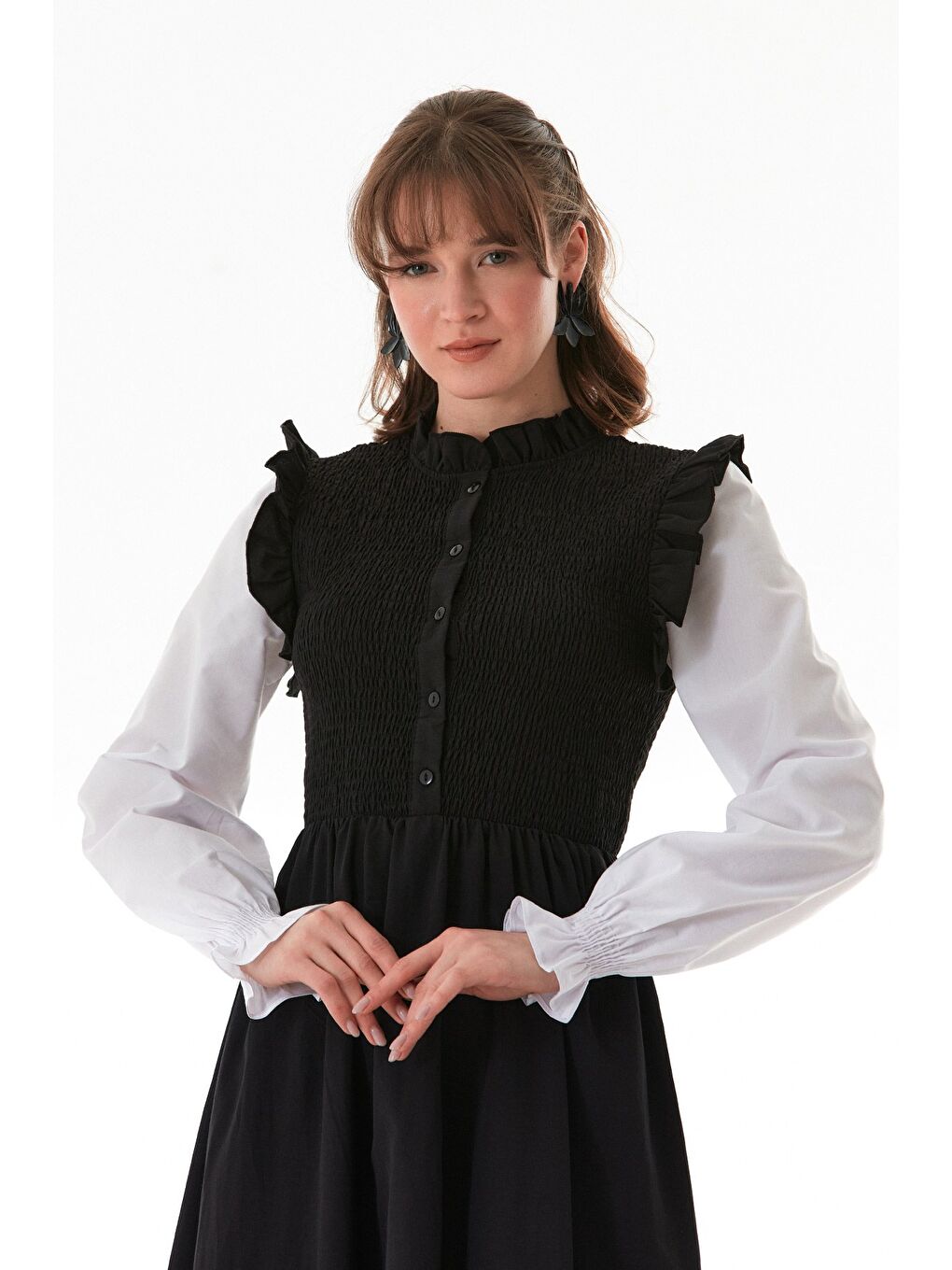 Siyah Fullamodest Gipeli Kolları Lastikli Elbise-1