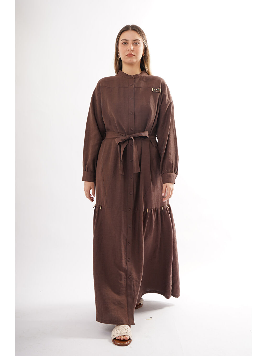 Hakim Yaka Keten Uzun Elbise 703 Kahverengi-1
