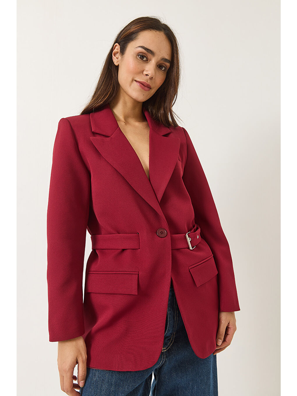 Bordo Kadın Kemer Detaylı Astarlı Blazer Ceket-2