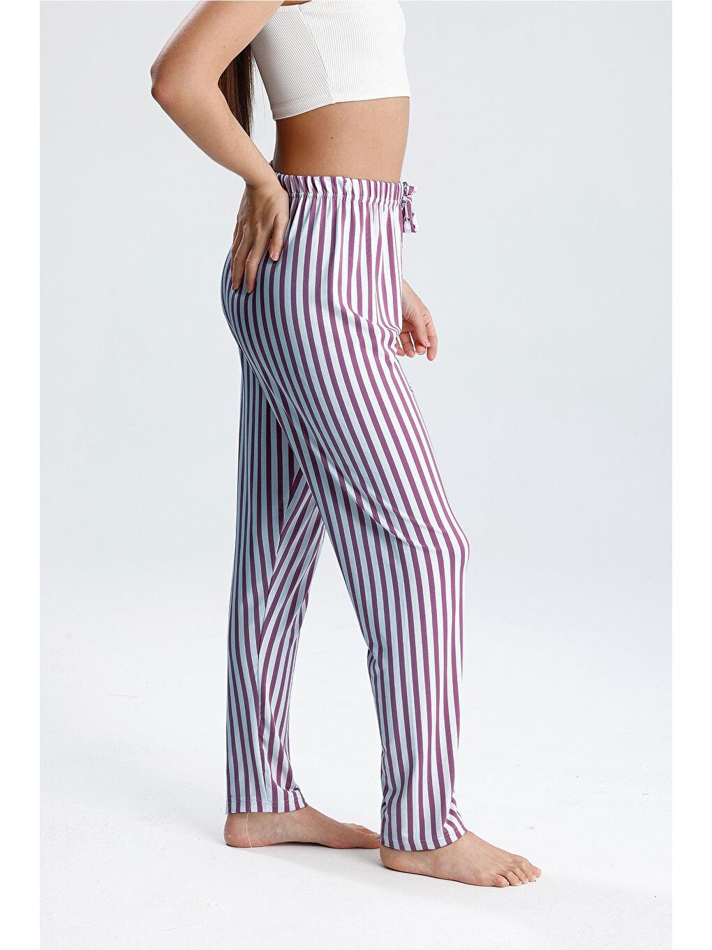 Kadın Dikey Çizgili Uzun Pijama Pantolon | Mor-3
