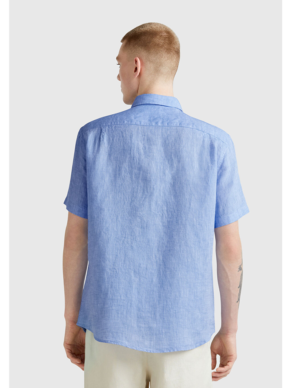 Erkek Mavi %100 Keten Regular Fit Kısa Kollu Gömlek-2