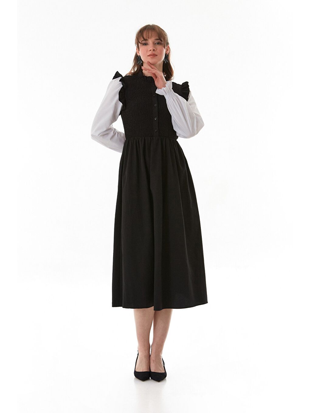 Siyah Fullamodest Gipeli Kolları Lastikli Elbise-2