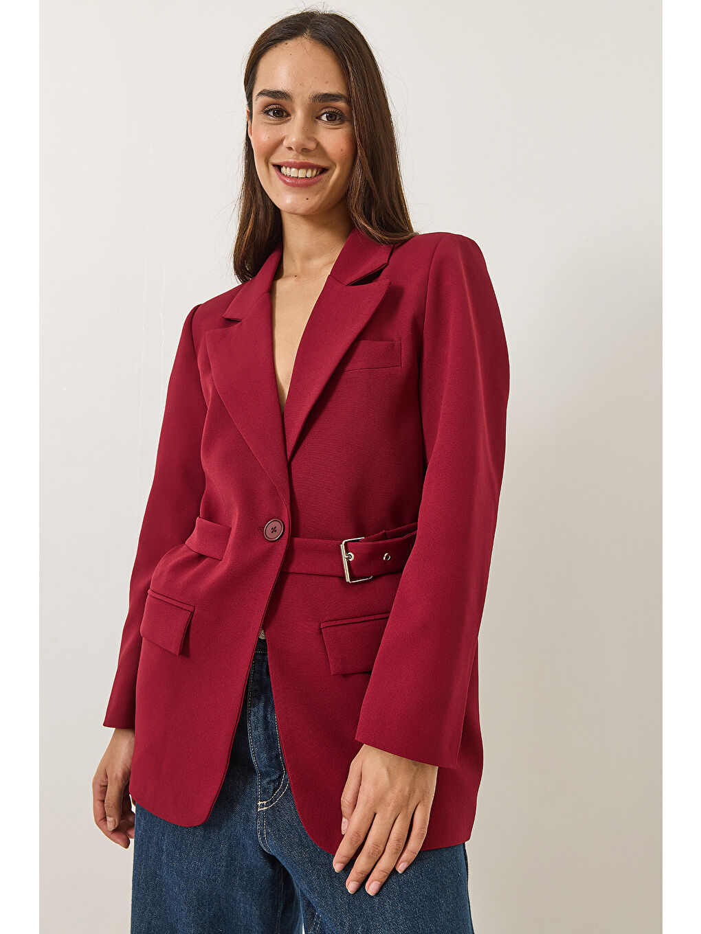 Bordo Kadın Kemer Detaylı Astarlı Blazer Ceket-3