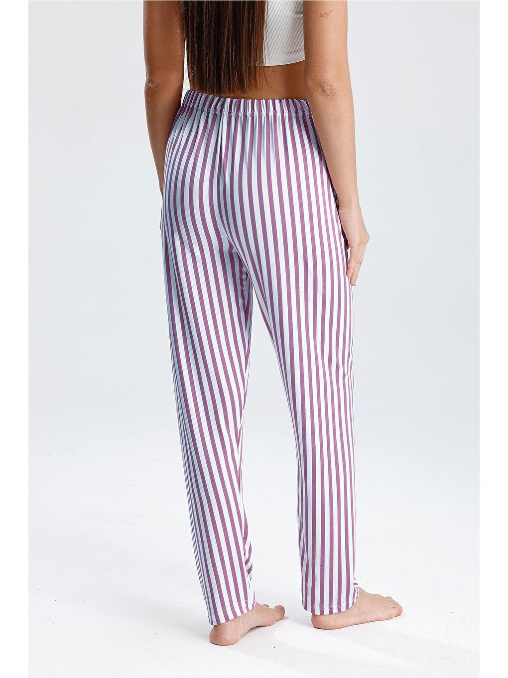 Kadın Dikey Çizgili Uzun Pijama Pantolon | Mor-4
