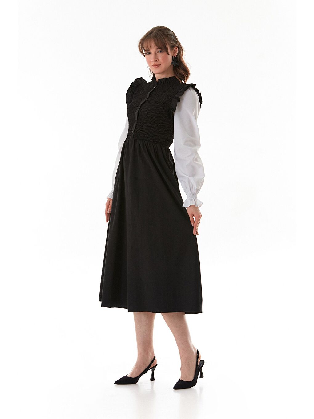 Siyah Fullamodest Gipeli Kolları Lastikli Elbise-3