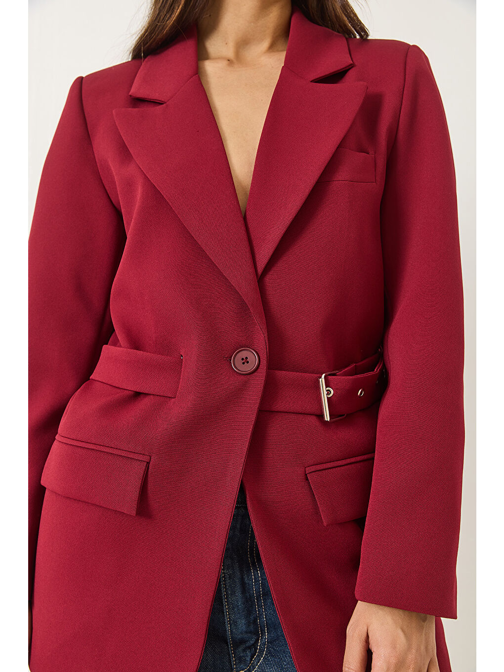Bordo Kadın Kemer Detaylı Astarlı Blazer Ceket-4