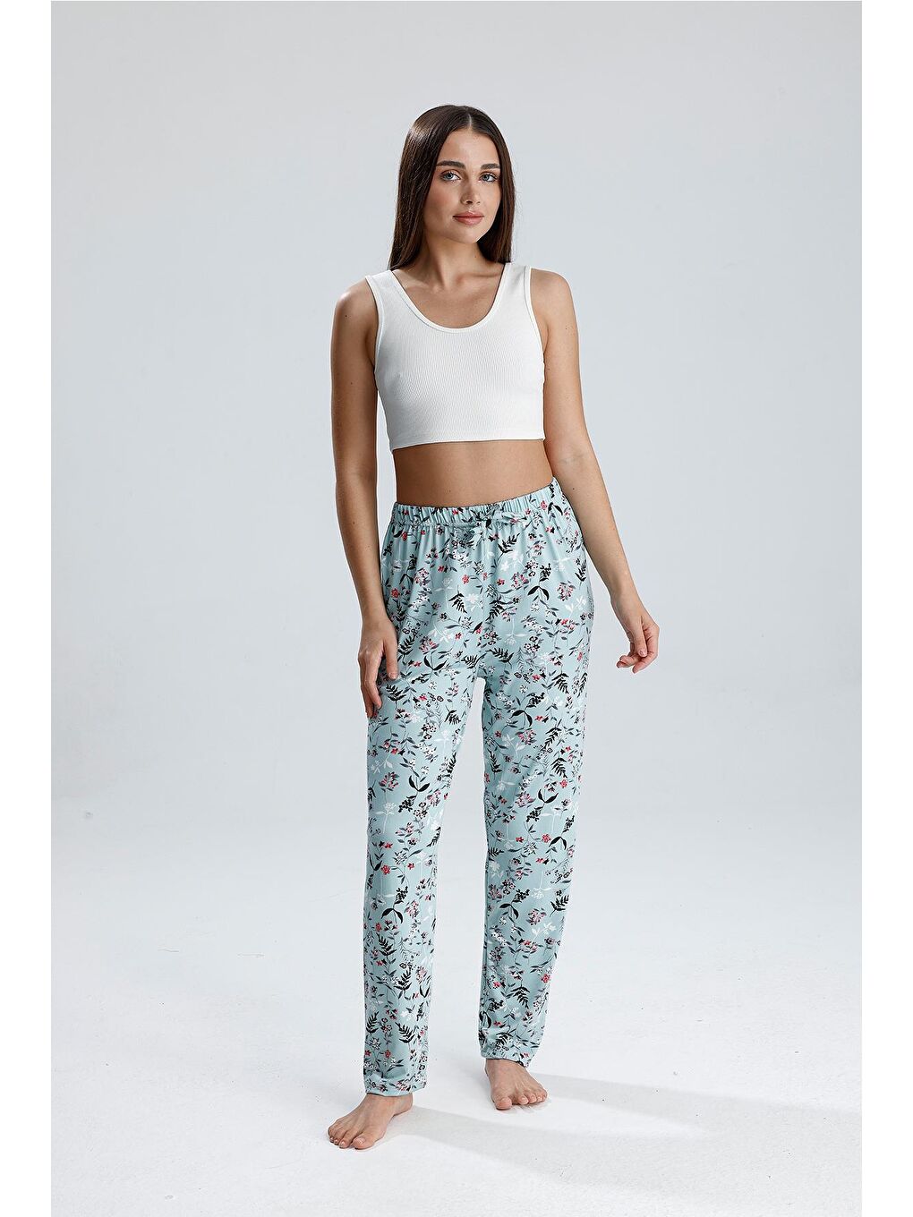 Kadın Çiçek Desenli Uzun Pijama Pantolon | Yeşil