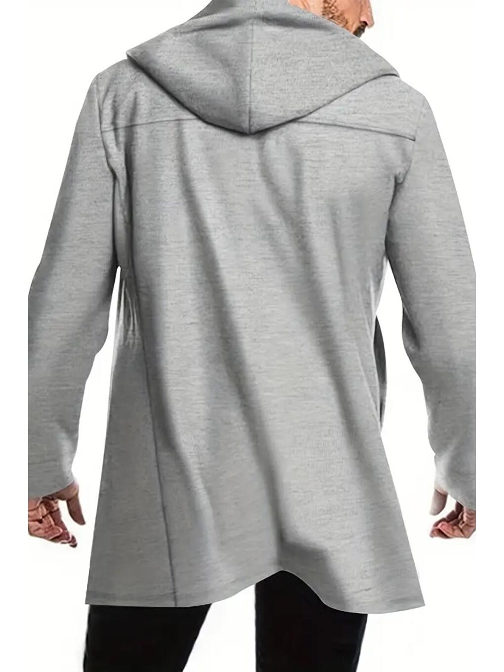 Gri Corry Çelik İnterlok Kumaş Kruvaze Düğmeli Kapüşonlu Erkek Panço Hırka-1