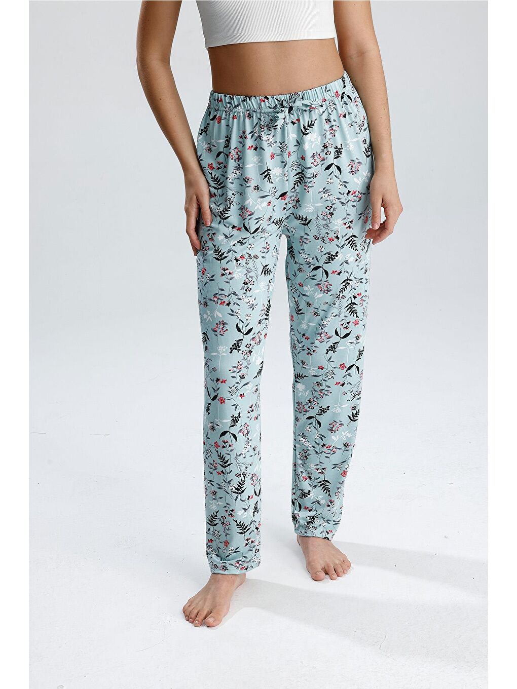 Kadın Çiçek Desenli Uzun Pijama Pantolon | Yeşil-1