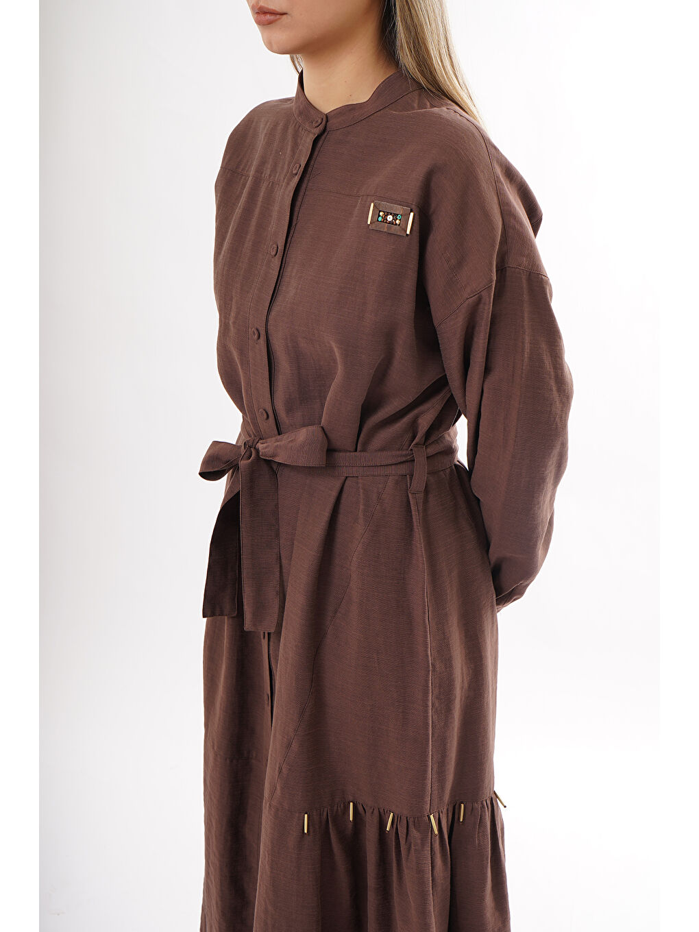 Hakim Yaka Keten Uzun Elbise 703 Kahverengi-2