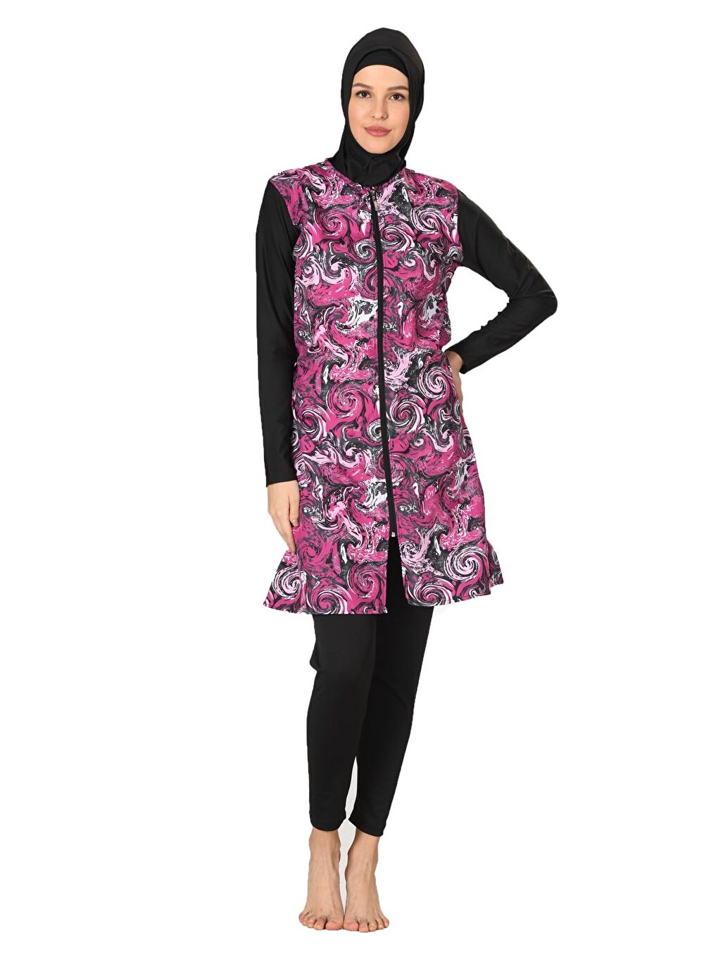 Pembe Tam Kapalı Paraşüt Kumaş Tesettür Mayo 3064