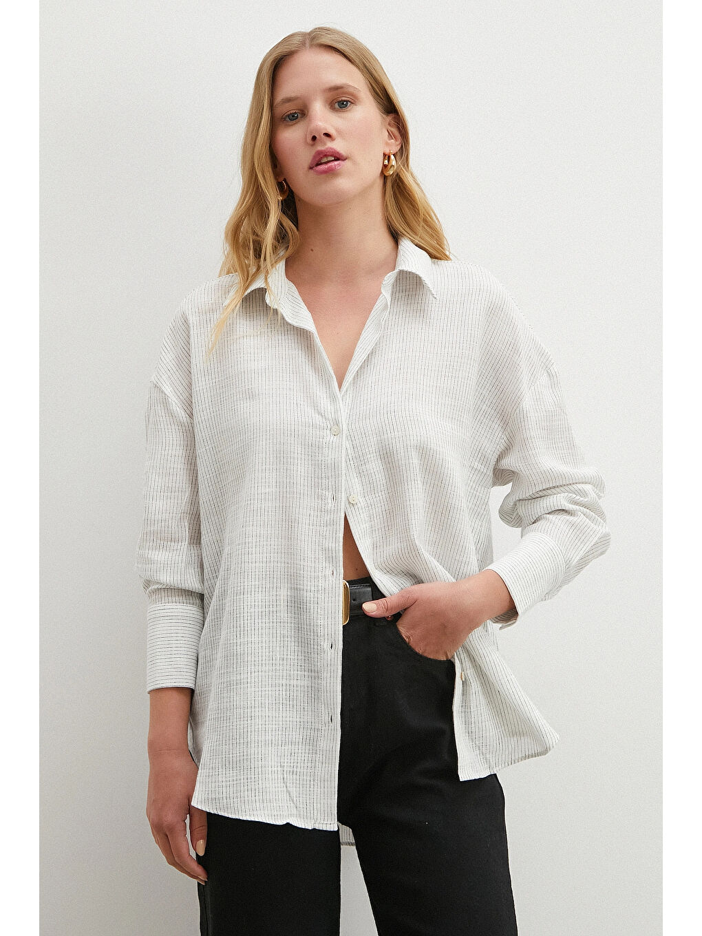 Çizgili Pamuklu Gömlek Beyaz-1