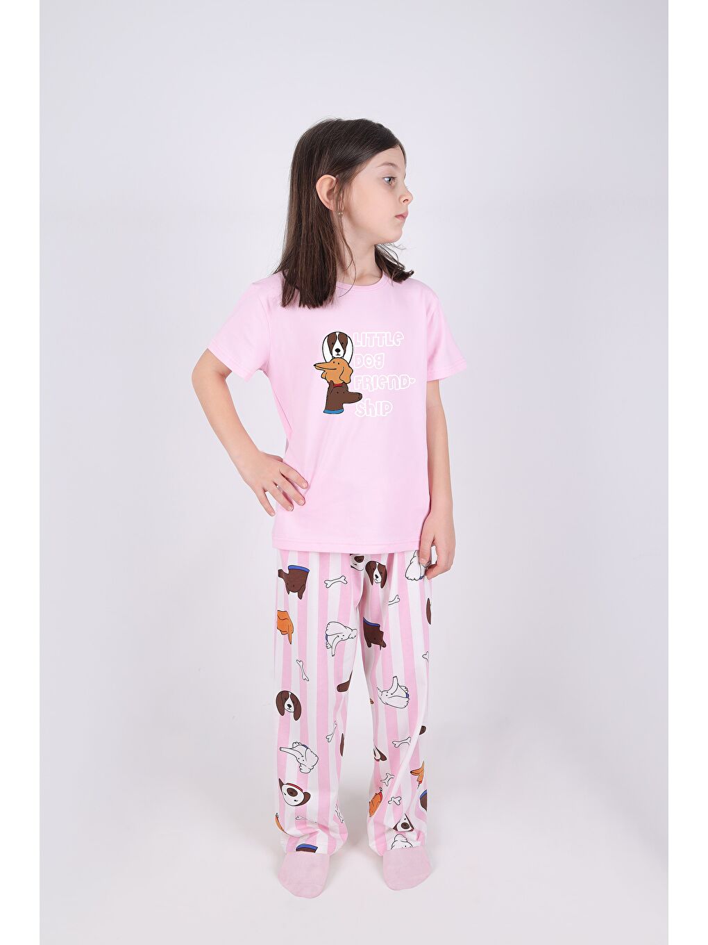 Pembe Kız Çocuk Pamuklu Kalpli Desenli Pijama Takımı-1