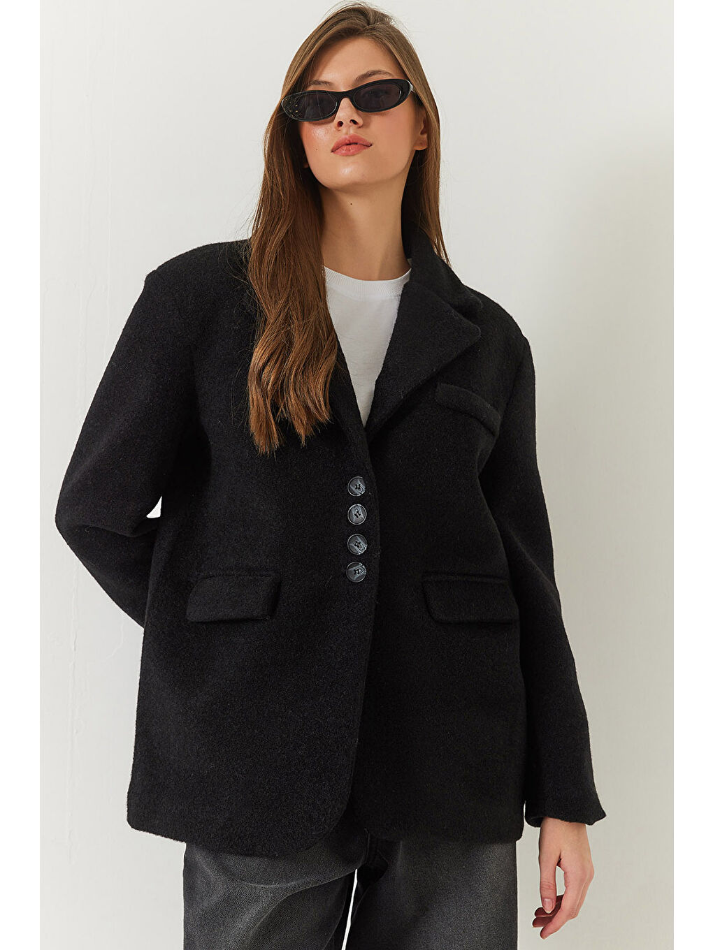 Siyah Kadın Kalın Kaşe Blazer Ceket Kısa Kaban