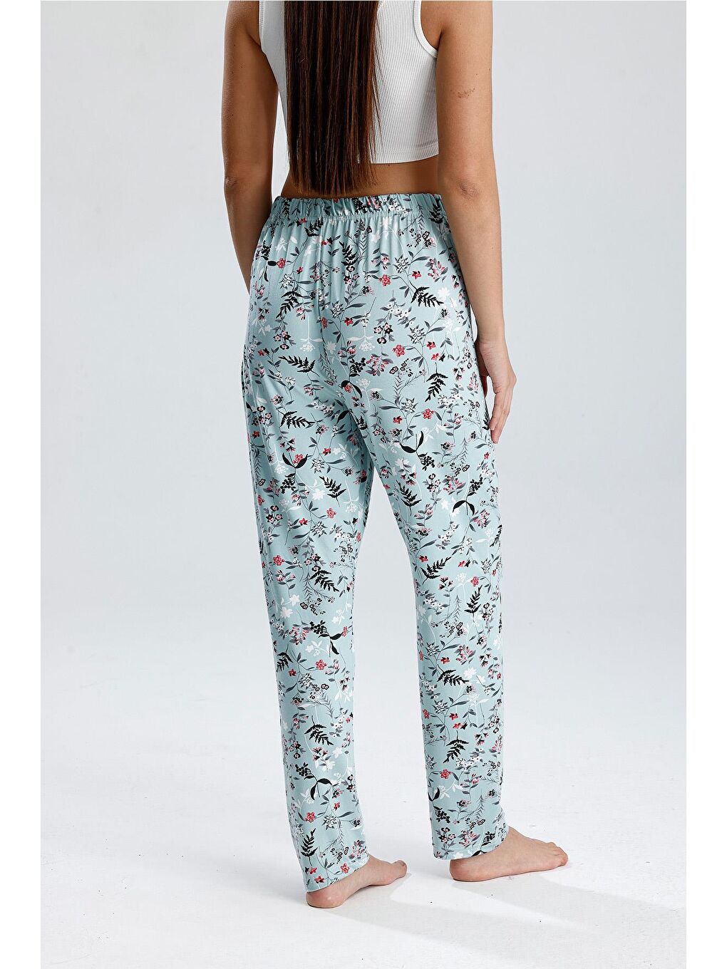 Kadın Çiçek Desenli Uzun Pijama Pantolon | Yeşil-3
