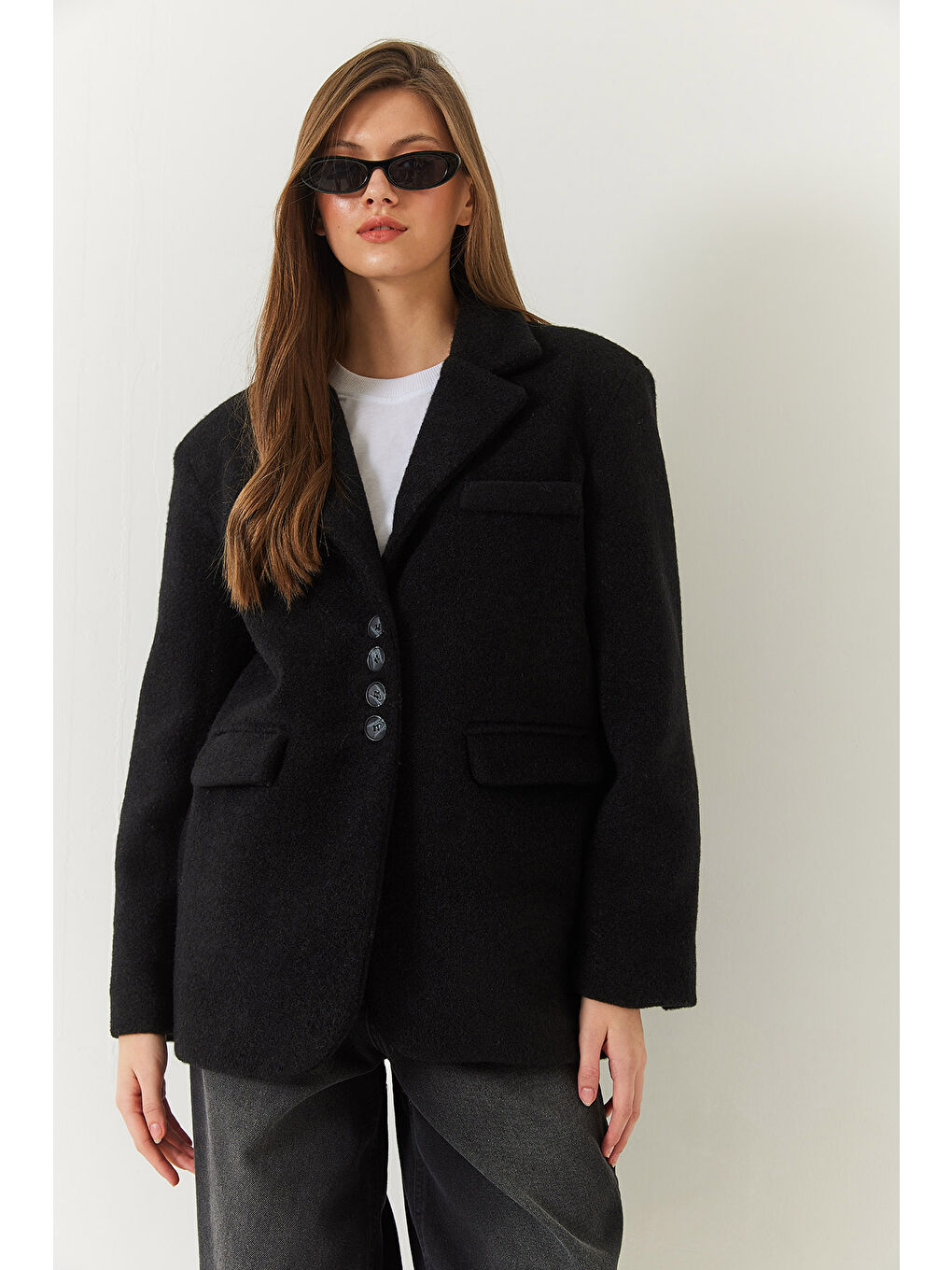 Siyah Kadın Kalın Kaşe Blazer Ceket Kısa Kaban-1