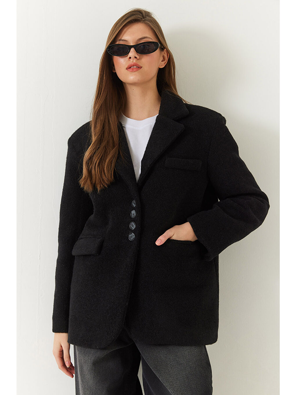 Siyah Kadın Kalın Kaşe Blazer Ceket Kısa Kaban-2