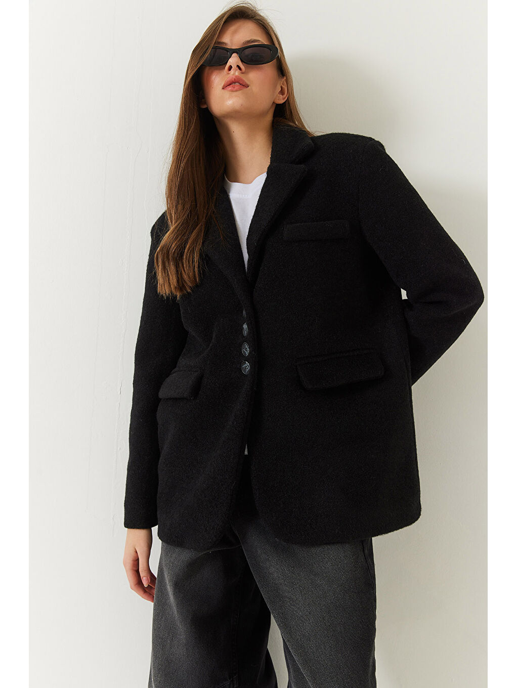 Siyah Kadın Kalın Kaşe Blazer Ceket Kısa Kaban-3