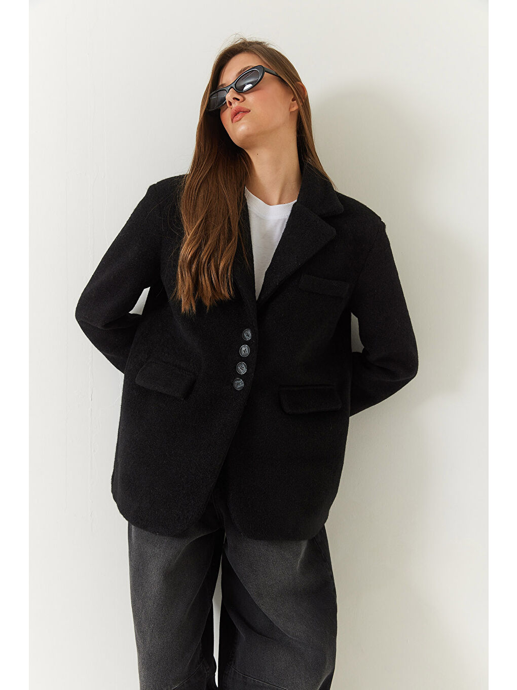 Siyah Kadın Kalın Kaşe Blazer Ceket Kısa Kaban-4