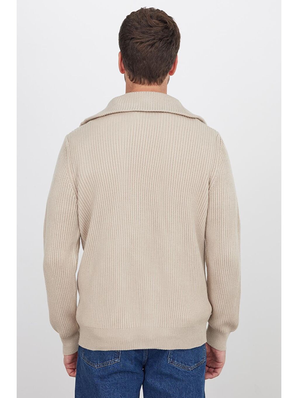 Bej Erkek Slim Fit Dik Yaka Fermuarlı Vizon Düz Hırka-6