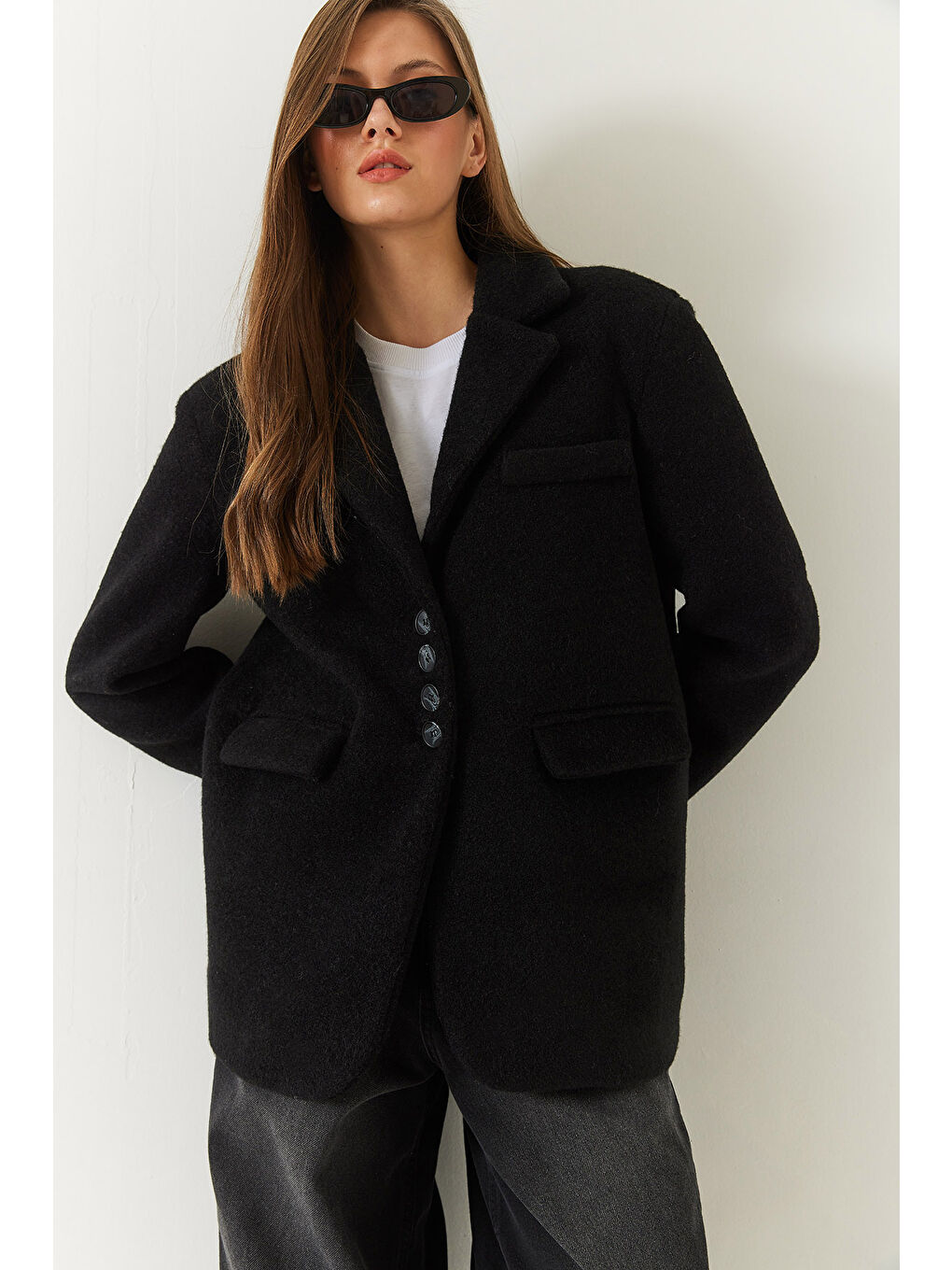 Siyah Kadın Kalın Kaşe Blazer Ceket Kısa Kaban-5