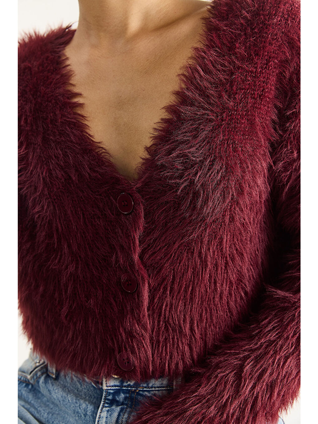 Bordo Kadın V Yaka Düğmeli Yumoş Sakallı Triko Hırka-5