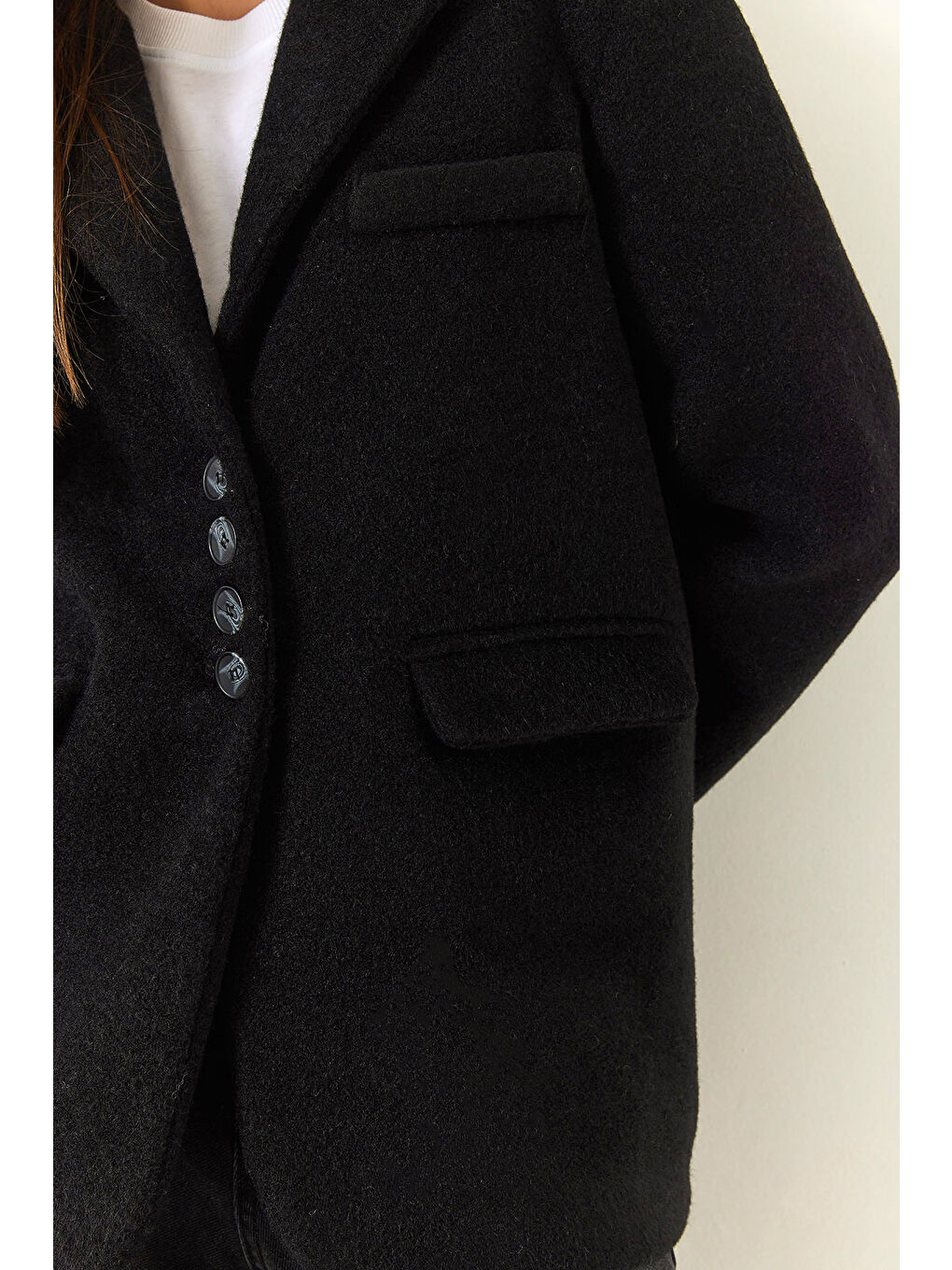 Siyah Kadın Kalın Kaşe Blazer Ceket Kısa Kaban-6