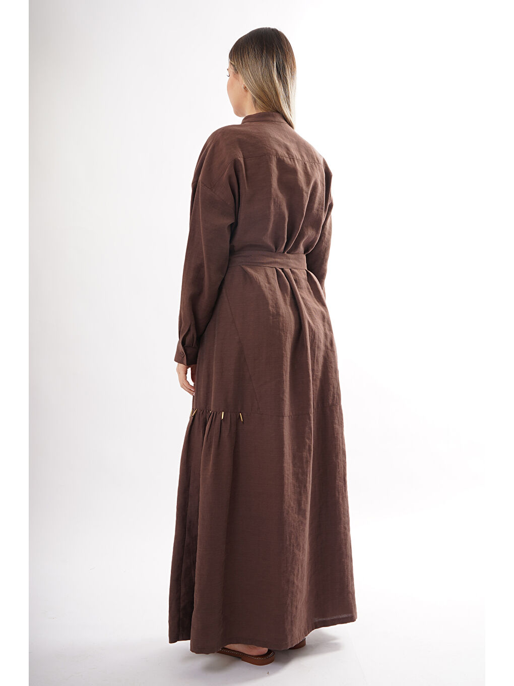 Hakim Yaka Keten Uzun Elbise 703 Kahverengi-3